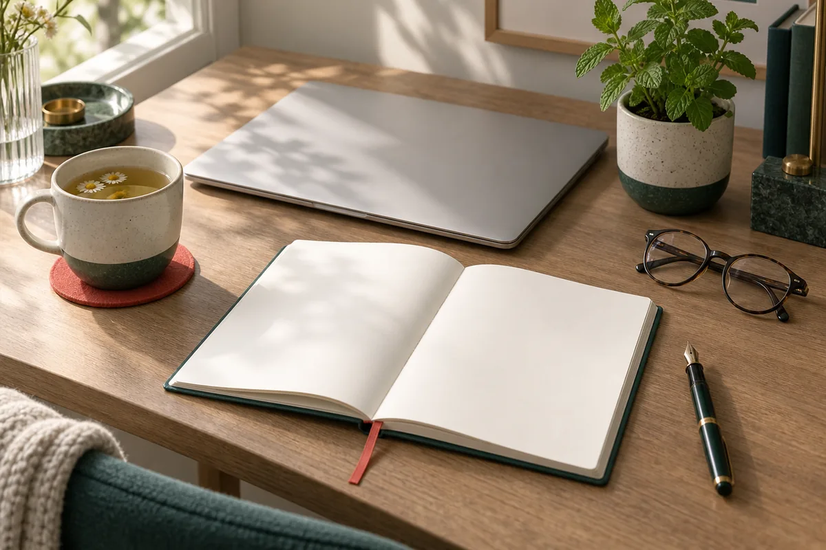 Ruhiger Schreibtisch mit geschlossenem Laptop, aufgeschlagenem leeren Notizbuch, Füllfederhalter, Lesebrille und einer Tasse Kräutertee